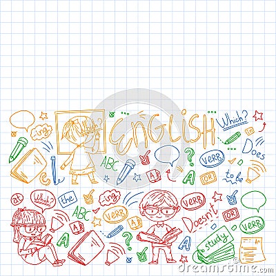 Online english school for children. Learn language. Education vector illustration. Kids drawing doodle style image. Vector Illustration