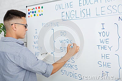 Online English school at home. Serious guy in glasses writes rules on blackboard and streams video for students during Stock Photo