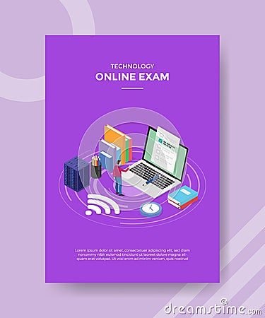 online exam concept men standing front big laptop checklist on display screen for template of banner and flyer for printing Vector Illustration