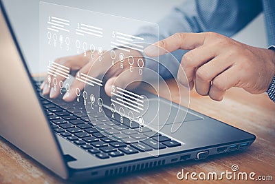 Online exam concept. Student passing online exam, choose correct answer in test with laptop computer on virtual screen. E-learning Stock Photo