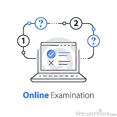 Online exam, pass test, checklist on monitor, check knowledge, complete internet course, web vote Vector Illustration