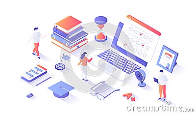 Online Exam Test Concept. Distant Education. Questionnaire form on the laptop screen and phone, books, notebooks, calendar Vector Illustration