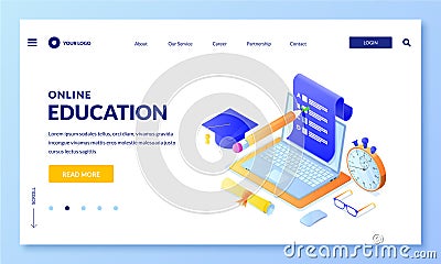 Online exam test vector 3d isometric illustration. Landing page banner template. Internet education, learning concept Vector Illustration