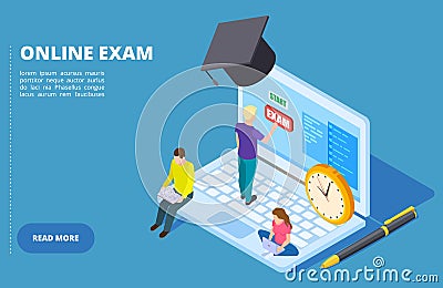 Online exam vector isometric. Online education and examination concept with students Vector Illustration