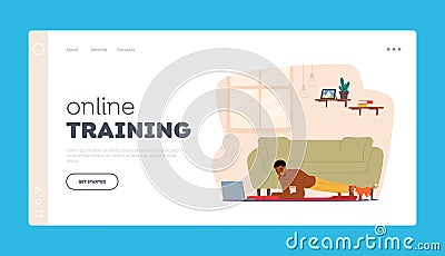 Online Exercises Landing Page Template. Man Practice Sports Activity at Home Watching Tutorial on Laptop Vector Illustration