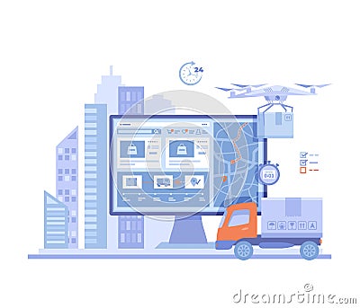 Online Express Delivery Service , Order Tracking. Truck, monitor with delivery site, map, city background, quadcopter courier Vector Illustration