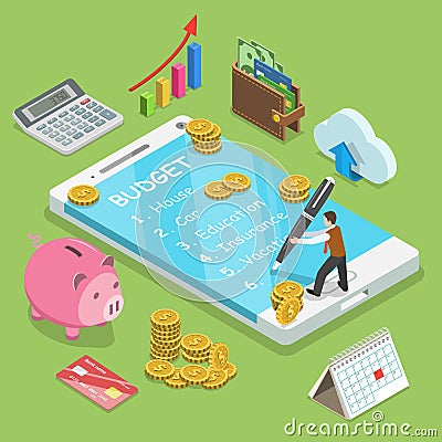 Online family budget flat isometric vector concept Vector Illustration