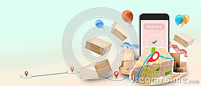Online Fast delivery services map tracking on mobile phone concept and package shipping Online order tracking with application Stock Photo