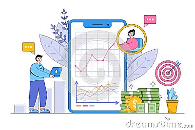 Online financial advisor service with smartphone concept. Finance and innovative mobile technology. Outline design style minimal Vector Illustration