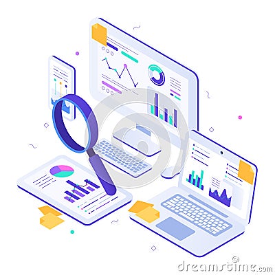 Online financial audit. Isometric website metrics, statistical graphs dashboards and web seo research vector Vector Illustration