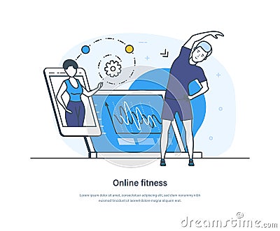 Online fitness and training, home workout with personal instructor Vector Illustration