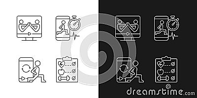 Online fitness wellness programs linear icons set for dark and light mode. Vector Illustration