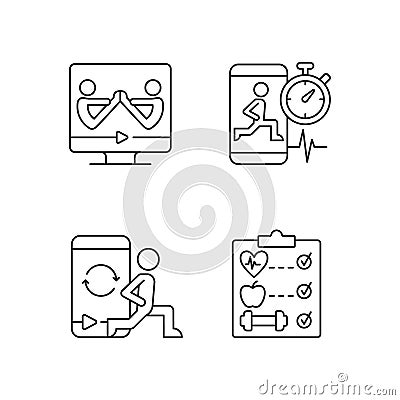 Online fitness wellness programs linear icons set. Vector Illustration