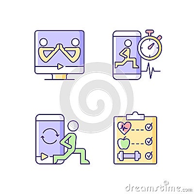 Online fitness wellness programs RGB color icons set. Vector Illustration