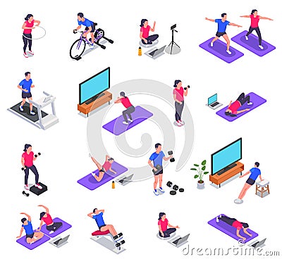 Online Fitness Workout Yoga At Home Isometric Icon Set Vector Illustration