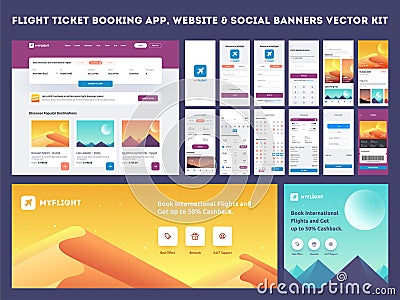 Online Flight Booking App onboarding website banner or template kit. Stock Photo