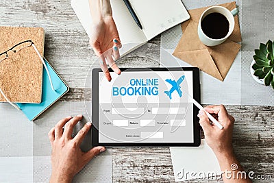 Online flight booking service form on device screen. Stock Photo