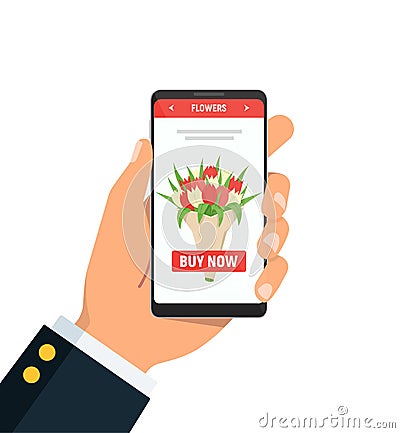 Online flower delivery. Person holds phone with bouquet of tulips on screen. Vector illustration in flat style Vector Illustration