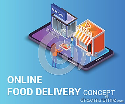 Online Food Delivery Concept Isometric Artwork where a man is giving women food tray Vector Illustration