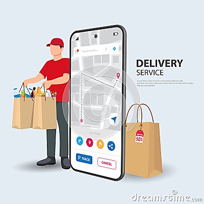 Online food delivery design. Young courier delivering food order with City map route navigation smartphone. Cartoon vector Vector Illustration