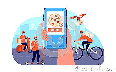 Online food delivery. Restaurant order service, goods from supermarket tracking. Quick courier on bike, meal shipping to Vector Illustration