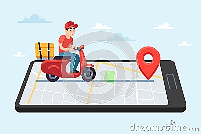 Online food delivery service. Motorcyclist courier on moped with box on smartphone with city map on device screen Vector Illustration