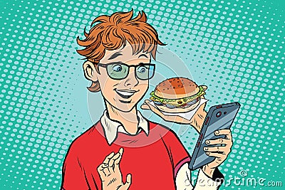 Online food delivery, a teenager uses a smartphone app Vector Illustration