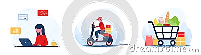 Online food order. Grocery delivery. A woman shop at an online store. Fast courier on the scooter. Shopping basket. Stay Vector Illustration