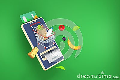 Online food shopping in grocery store with payment via mobile phone. Stock Photo