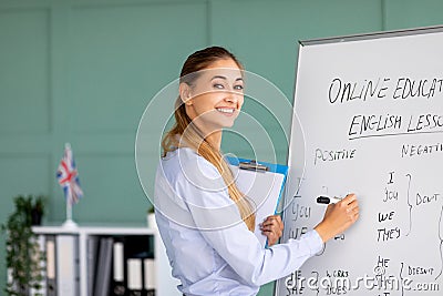 Online foreign languages school. Cheerful teacher writing on blackboard, teaching English on web Stock Photo