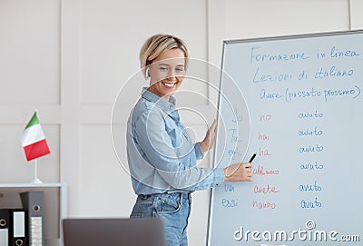 Online foreign languages school. Confident young tutor teaching Italian on web, giving online linguistic class on laptop Stock Photo