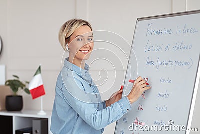 Online foreign languages school. Positive female teacher writing on blackboard, teaching Italian on web from home Stock Photo