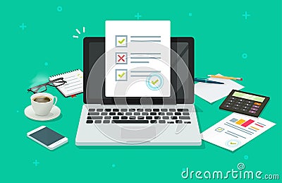 Online form survey on laptop vector illustration, working on computer quiz exam paper sheet document, on-line Vector Illustration