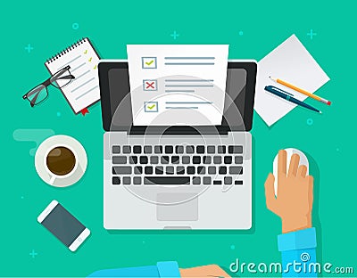 Online form survey on laptop vector, person working on computer showing quiz exam paper sheet document Vector Illustration