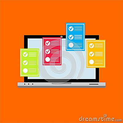 Online form survey on pc computer illustration, flat cartoon monitor display showing quiz exam paper sheet document, concep Vector Illustration