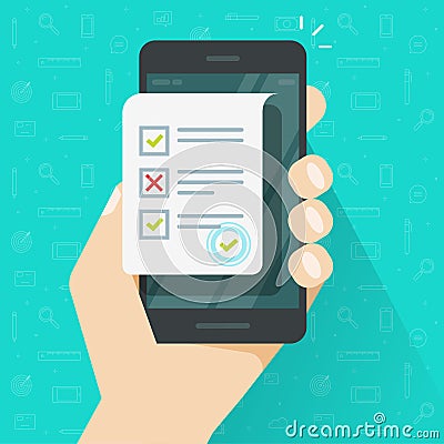Online form survey on smartphone vector illustration, flat cartoon mobile phone and quiz exam sheet document icon, on Vector Illustration