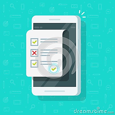 Online form survey on smartphone vector illustration, flat mobile phone with quiz exam sheet document icon and approved Vector Illustration