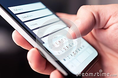 Online form to register personal info and data to web site with mobile phone. Person typing information to internet document, Stock Photo