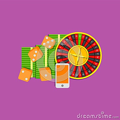 Online gambling flat illustration colored on purple background. Roulette, dice cubes, mobile phone and bundle of cash Vector Illustration