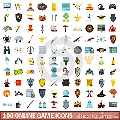 100 online game icons set, flat style Vector Illustration