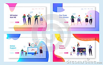 Online Global Technical Support Concept Set Landing Page. Talking Male and Female Character Teamwork in Office Suit. Work Together Vector Illustration