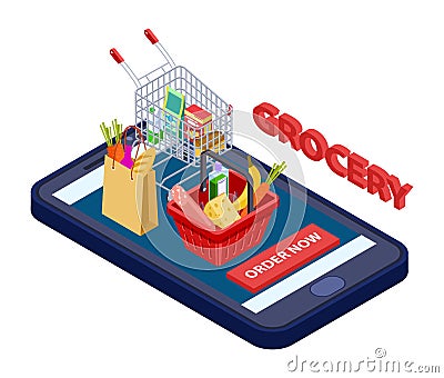 Online grocery concept. Vector mobile app for grocery store with food, vegetables, fruits Vector Illustration