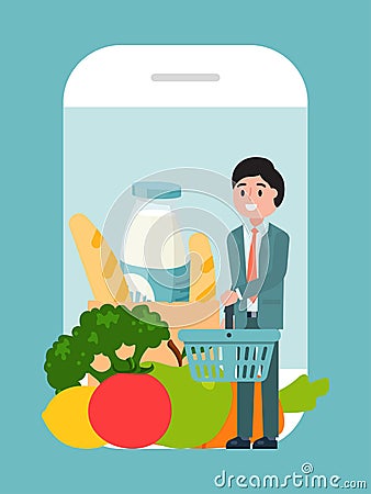 Online grocery food delivery service, cheerfully character male hold supermarket basket flat vector illustration Vector Illustration