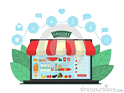 Online Grocery Shopping Concept. Supermarket in laptop with online ordering and delivery icons. E-commerce online store. Shop Vector Illustration