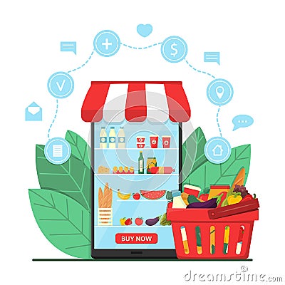 Online Grocery Shopping Concept. Supermarket in smartphone with product basket and icons. E-commerce online store. Ordering food Vector Illustration