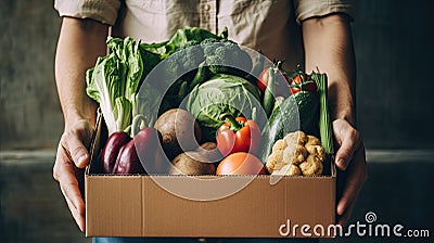 Online grocery shopping and home delivery: hands holding a box full of groceries. Eco friendly responsible lifestyle and shopping Stock Photo