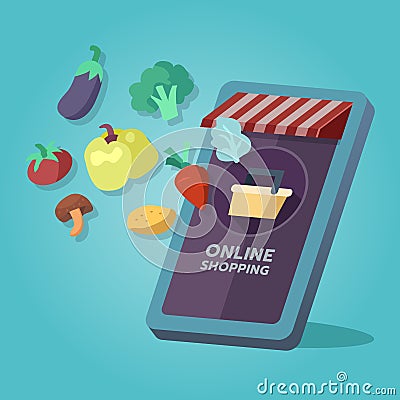 Online grocery shopping store, food goods. On mobile screen Cartoon Illustration