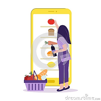 Online grocery store, shopping concept. Order food by Internet. Girl chooses products on the screen phone and puts in the basket Vector Illustration