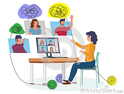 Online group psychotherapy, flat vector illustration. Video conference technology. Psychology, mental health counseling. Vector Illustration