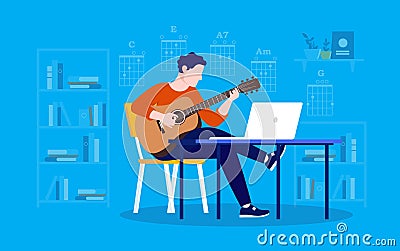 Online guitar lesson - Man sitting in chair playing instrument in front of laptop computer Vector Illustration